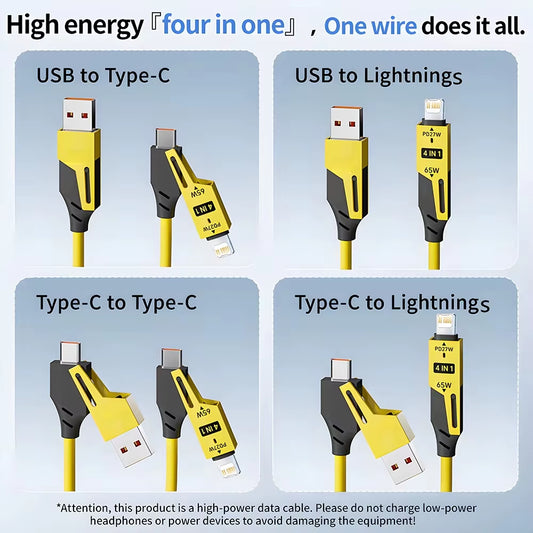 65W 6A Fast Charging 4-In-1 Spring Coiled USB-C Cable for iPhone 16/15/14/13/12 Pro Max & Samsung - Durable Multi-Device Cord