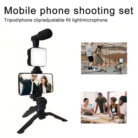 AY49 Smartphone Vlogging Kit - Tripod, Mini Microphone & LED Light for TikTok & YouTube Streaming