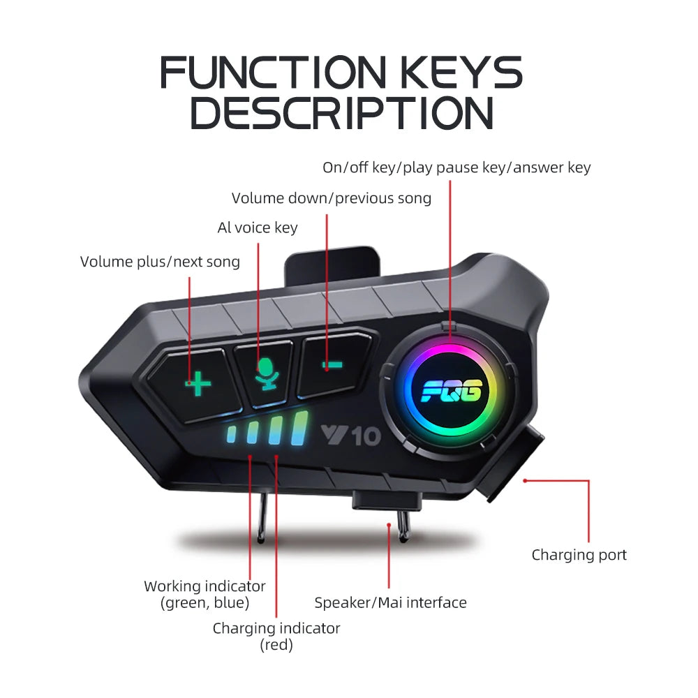 Y10 Motorcycle Helmet Headset Stereo Voice Control Bluetooth Hands Free Call IPX7 Waterproof 2000Mah with Ambient Light