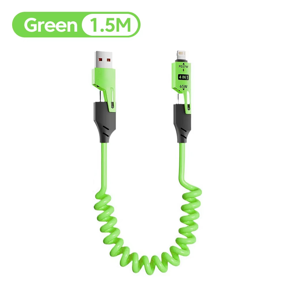 65W 6A Fast Charging 4-In-1 Spring Coiled USB-C Cable for iPhone 16/15/14/13/12 Pro Max & Samsung - Durable Multi-Device Cord