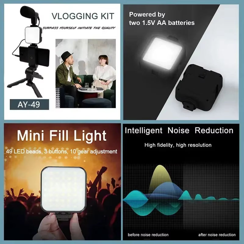 AY49 Smartphone Vlogging Kit - Tripod, Mini Microphone & LED Light for TikTok & YouTube Streaming