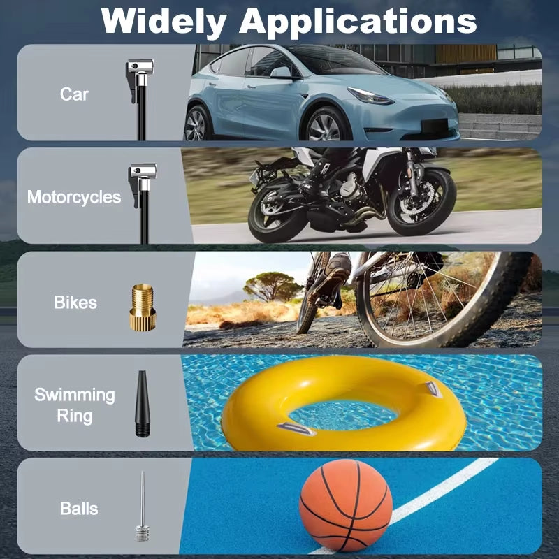 Portable 150PSI Car Air Pump - Wired/Wireless Tire Inflator for Cars, Motorcycles, Bicycles & Balls