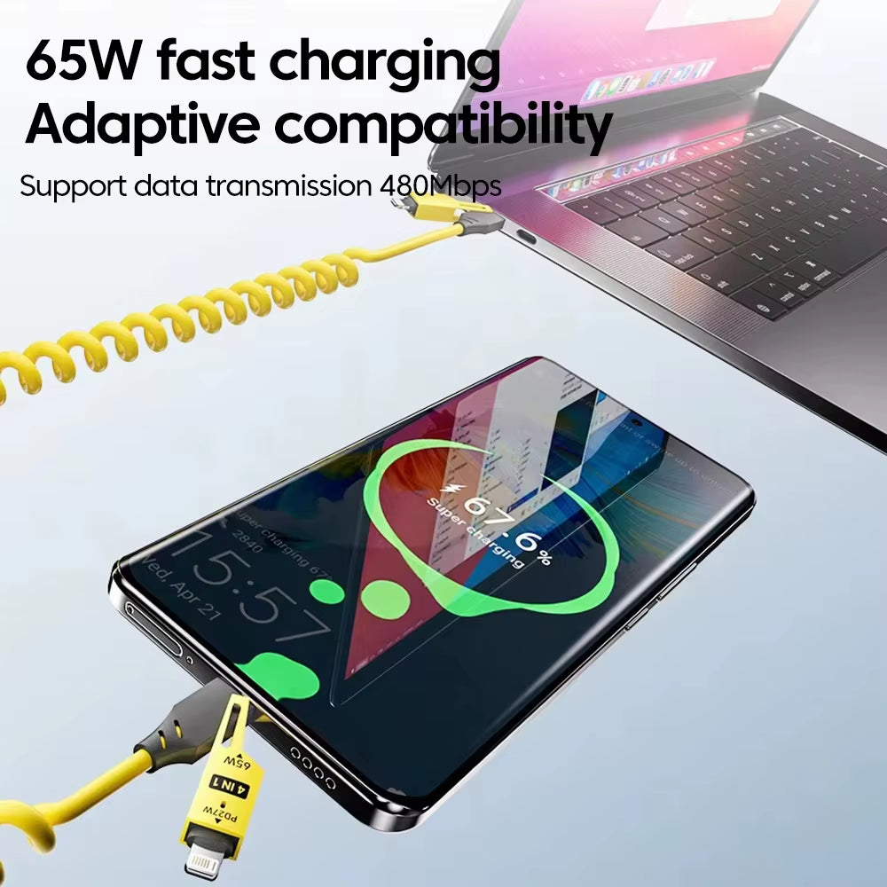 65W 6A Fast Charging 4-In-1 Spring Coiled USB-C Cable for iPhone 16/15/14/13/12 Pro Max & Samsung - Durable Multi-Device Cord