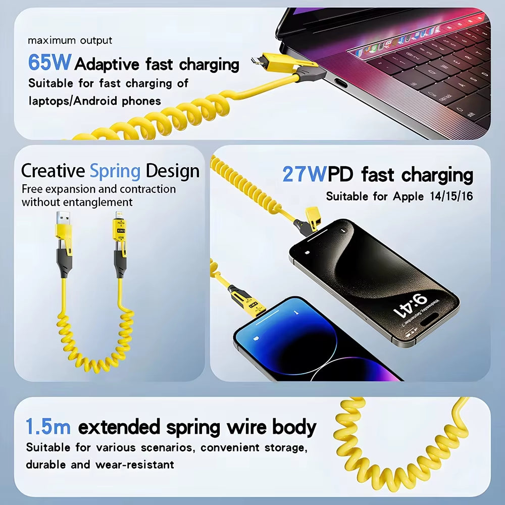 65W 6A Fast Charging 4-In-1 Spring Coiled USB-C Cable for iPhone 16/15/14/13/12 Pro Max & Samsung - Durable Multi-Device Cord