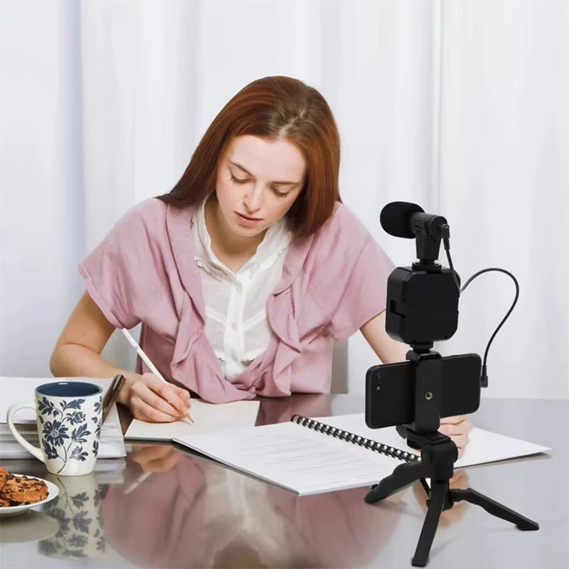 AY49 Smartphone Vlogging Kit - Tripod, Mini Microphone & LED Light for TikTok & YouTube Streaming