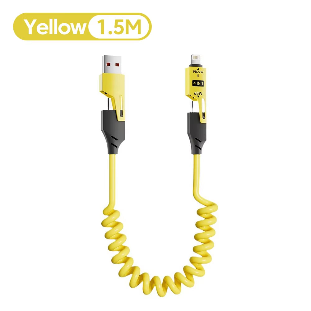 65W 6A Fast Charging 4-In-1 Spring Coiled USB-C Cable for iPhone 16/15/14/13/12 Pro Max & Samsung - Durable Multi-Device Cord