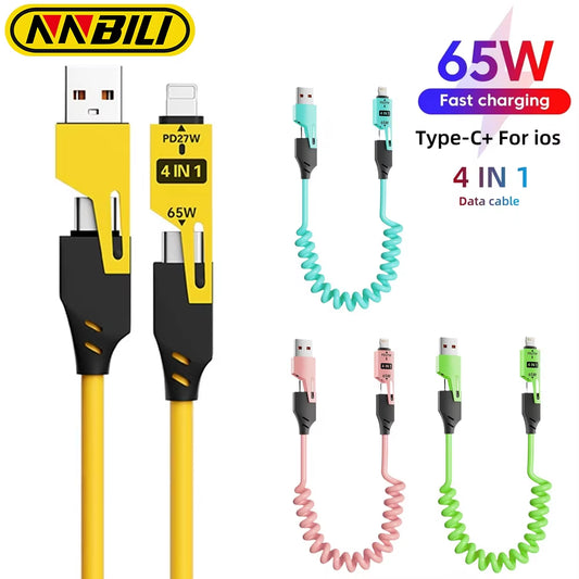 65W 6A Fast Charging 4-In-1 Spring Coiled USB-C Cable for iPhone 16/15/14/13/12 Pro Max & Samsung - Durable Multi-Device Cord