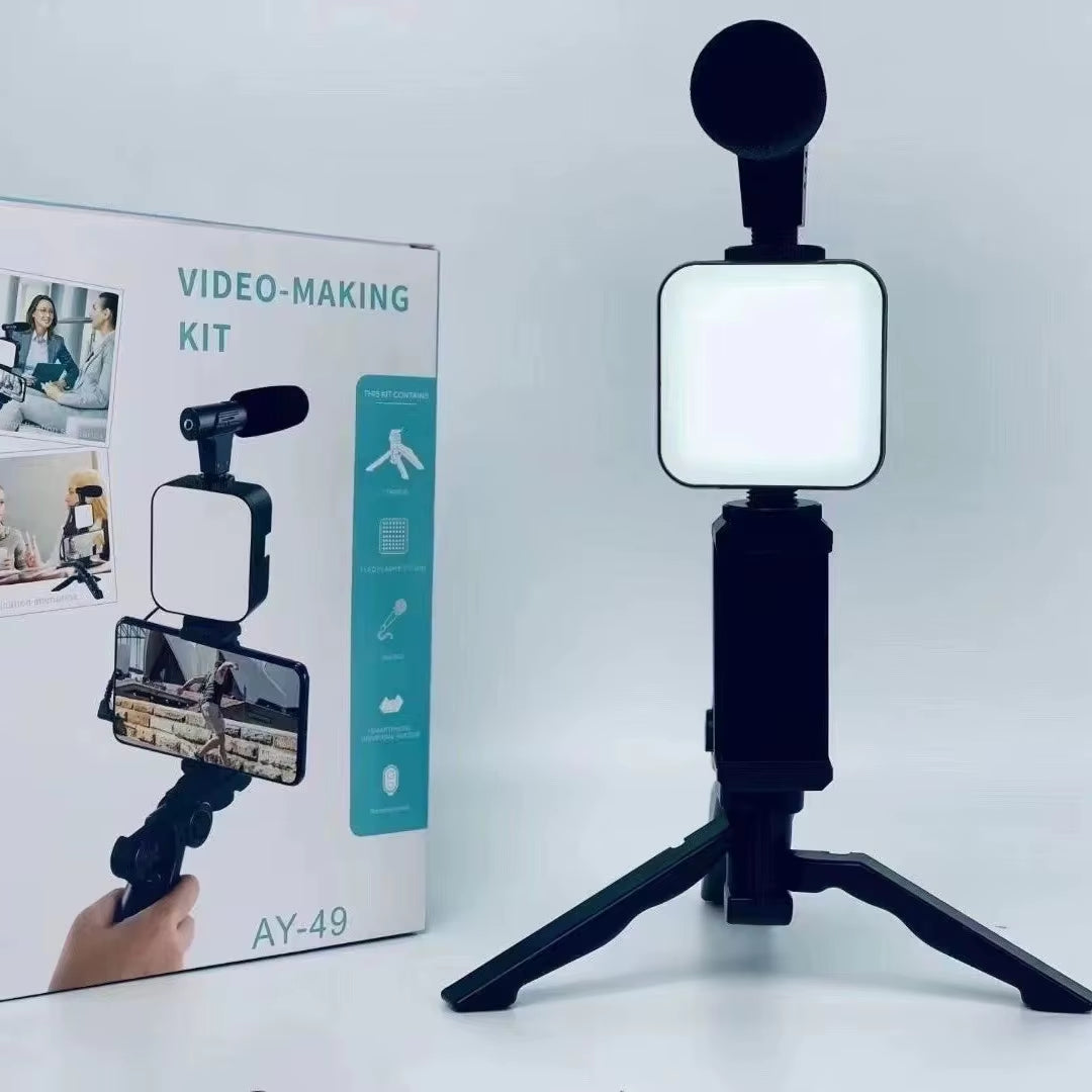 AY49 Smartphone Vlogging Kit - Tripod, Mini Microphone & LED Light for TikTok & YouTube Streaming