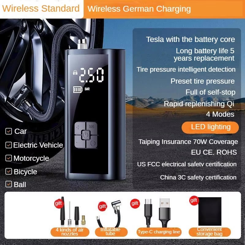 Portable 150PSI Car Air Pump - Wired/Wireless Tire Inflator for Cars, Motorcycles, Bicycles & Balls