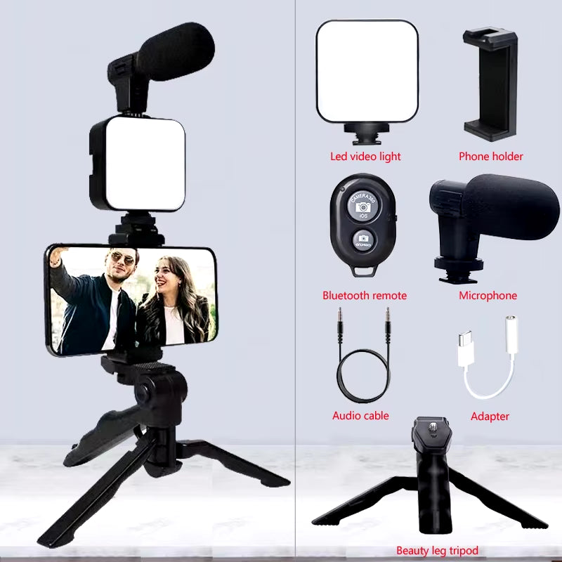 AY49 Smartphone Vlogging Kit - Tripod, Mini Microphone & LED Light for TikTok & YouTube Streaming