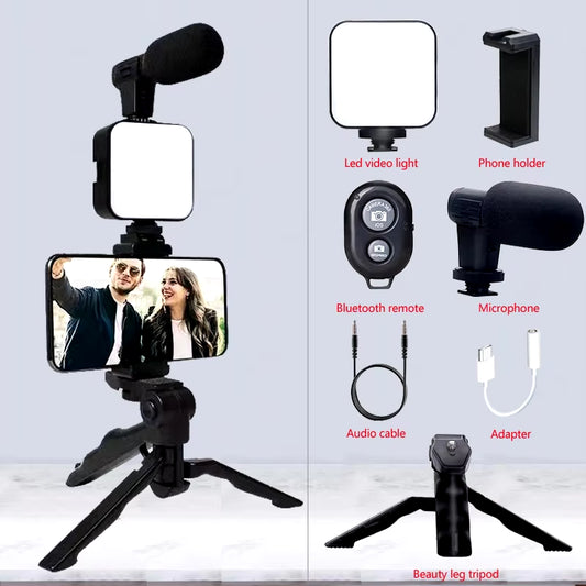 AY49 Smartphone Vlogging Kit - Tripod, Mini Microphone & LED Light for TikTok & YouTube Streaming
