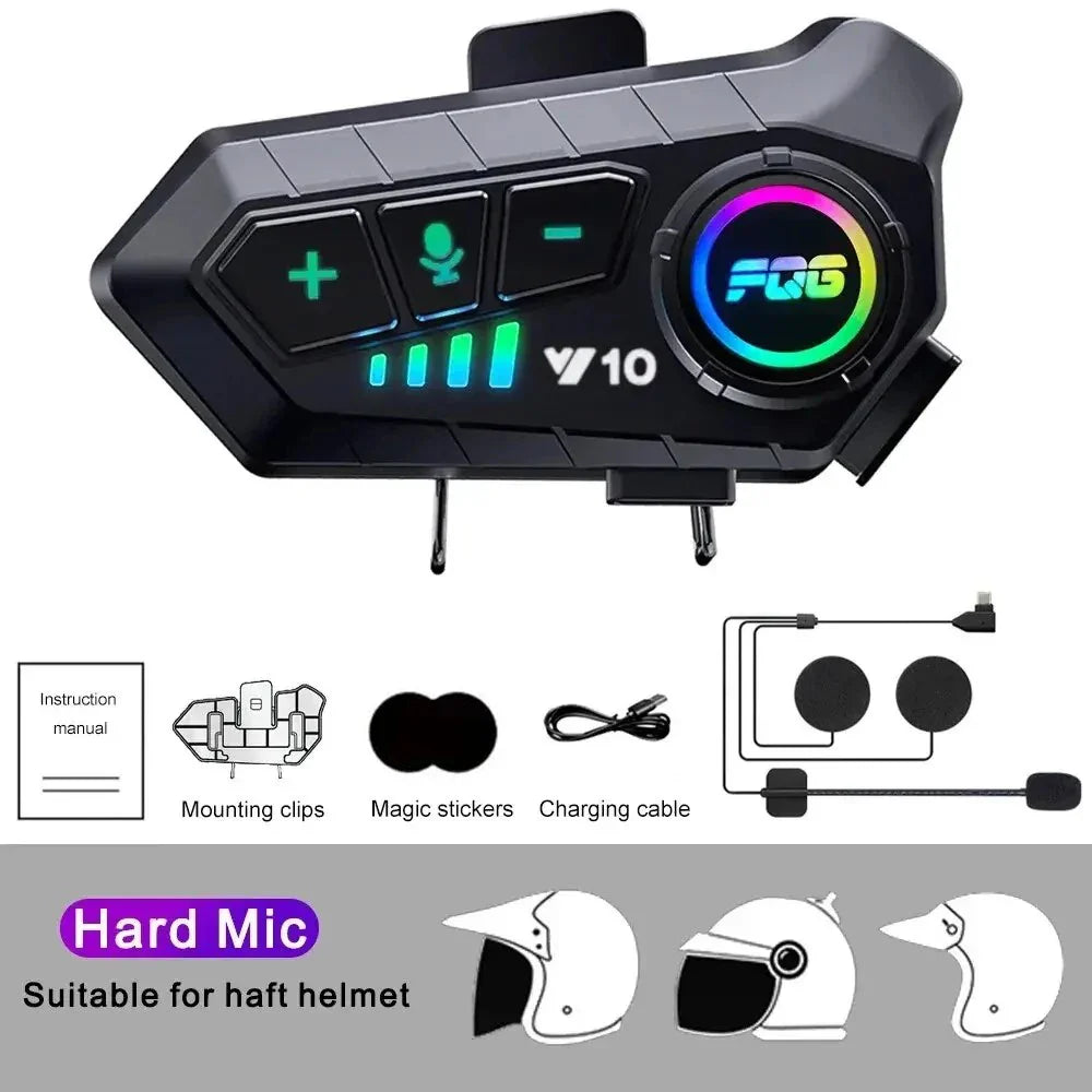Y10 Bluetooth Motorcycle Helmet Headset - Waterproof, Voice Control, 2000mAh Battery with Ambient Light for Hands-Free Calls