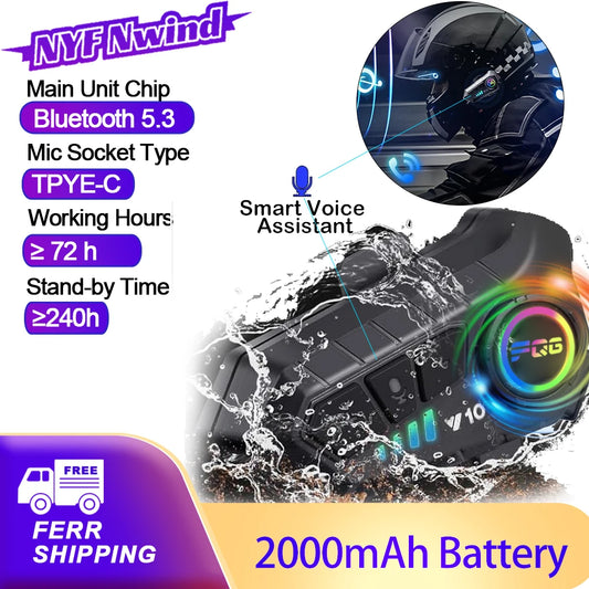 Y10 Motorcycle Helmet Headset Stereo Voice Control Bluetooth Hands Free Call IPX7 Waterproof 2000Mah with Ambient Light