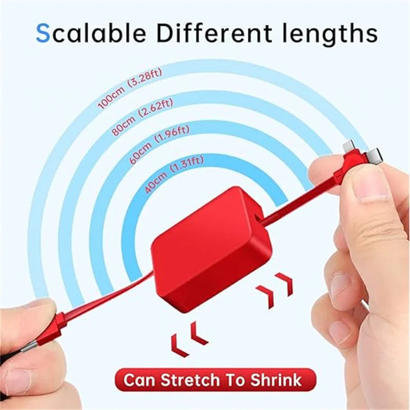3-in-1 Retractable Multi-Device Charging Cable - Fast Charger for iPhone, Android & Type C with Mini Portable Phone Holder