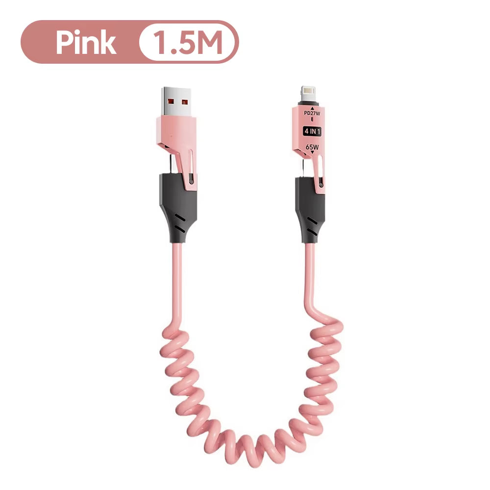 65W 6A Fast Charging 4-In-1 Spring Coiled USB-C Cable for iPhone 16/15/14/13/12 Pro Max & Samsung - Durable Multi-Device Cord