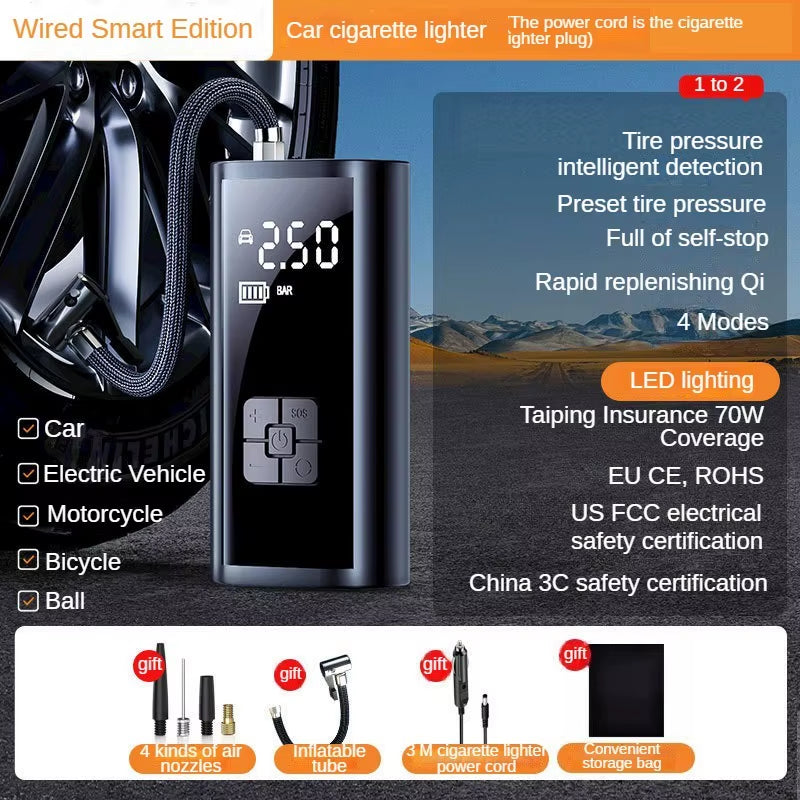 Portable 150PSI Car Air Pump - Wired/Wireless Tire Inflator for Cars, Motorcycles, Bicycles & Balls