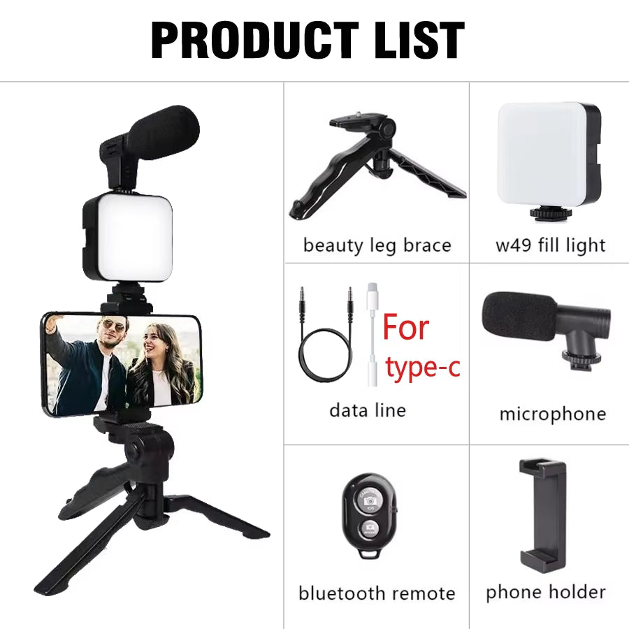 AY49 Smartphone Vlogging Kit - Tripod, Mini Microphone & LED Light for TikTok & YouTube Streaming