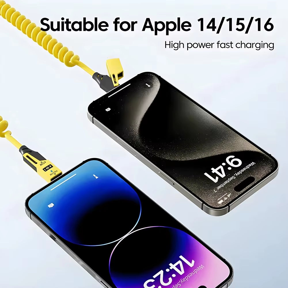 65W 6A Fast Charging 4-In-1 Spring Coiled USB-C Cable for iPhone 16/15/14/13/12 Pro Max & Samsung - Durable Multi-Device Cord