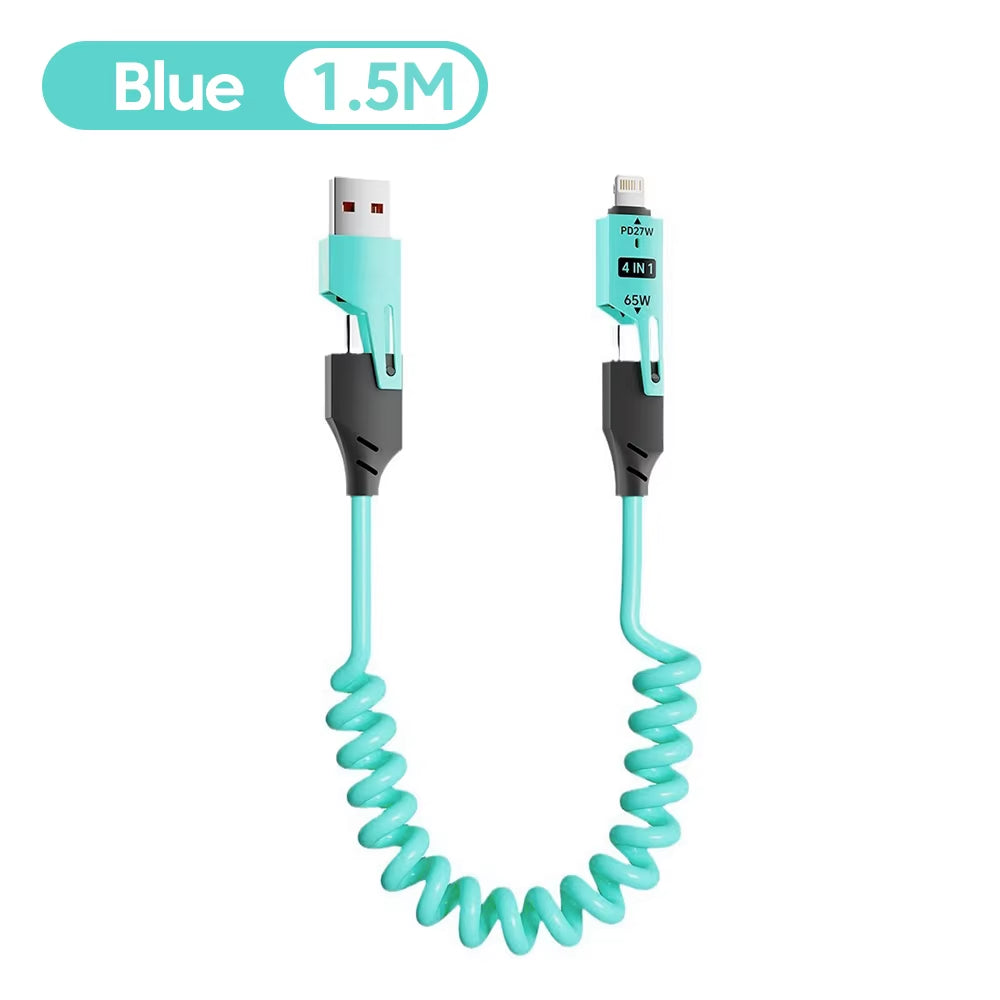 65W 6A Fast Charging 4-In-1 Spring Coiled USB-C Cable for iPhone 16/15/14/13/12 Pro Max & Samsung - Durable Multi-Device Cord