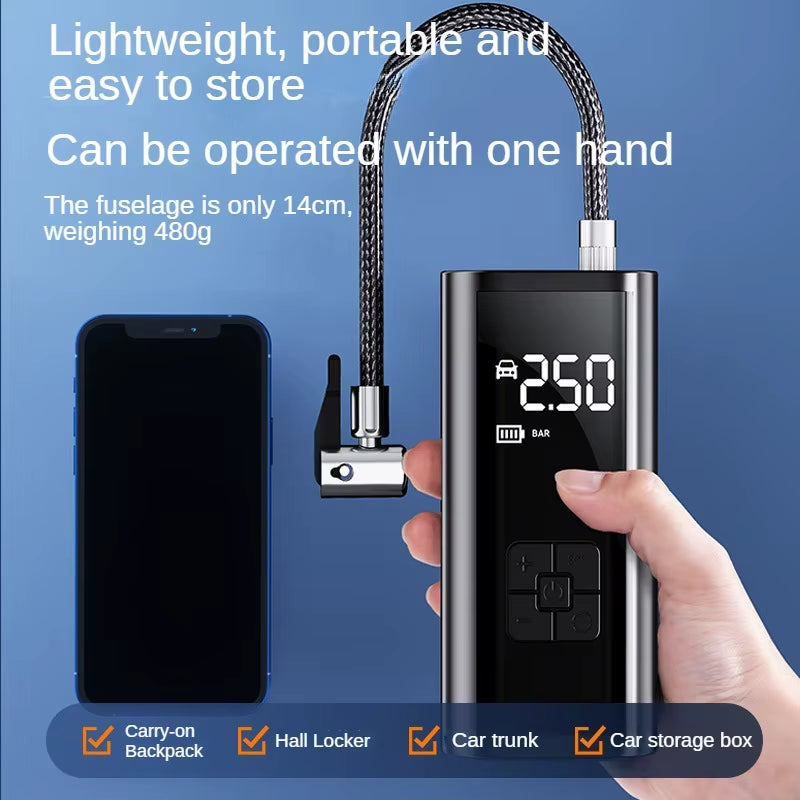 Portable 150PSI Car Air Pump - Wired/Wireless Tire Inflator for Cars, Motorcycles, Bicycles & Balls