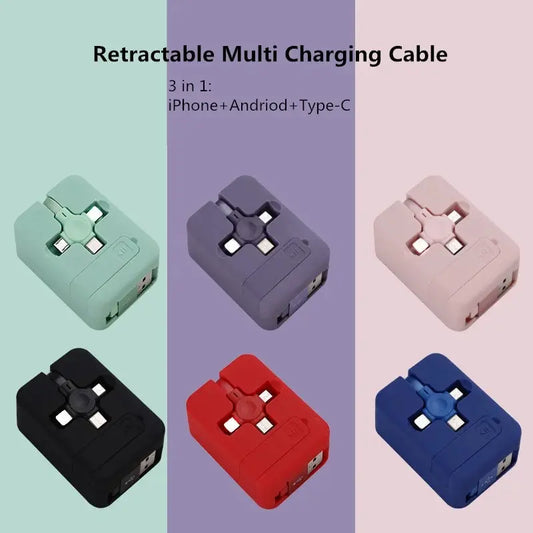 3-in-1 Retractable Multi-Device Charging Cable - Fast Charger for iPhone, Android & Type C with Mini Portable Phone Holder